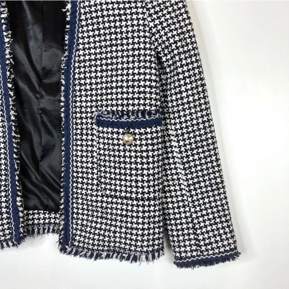 Zara NWOT black white & navy blue houndstooth textured tweed blazer jacket - Picture 5 of 9